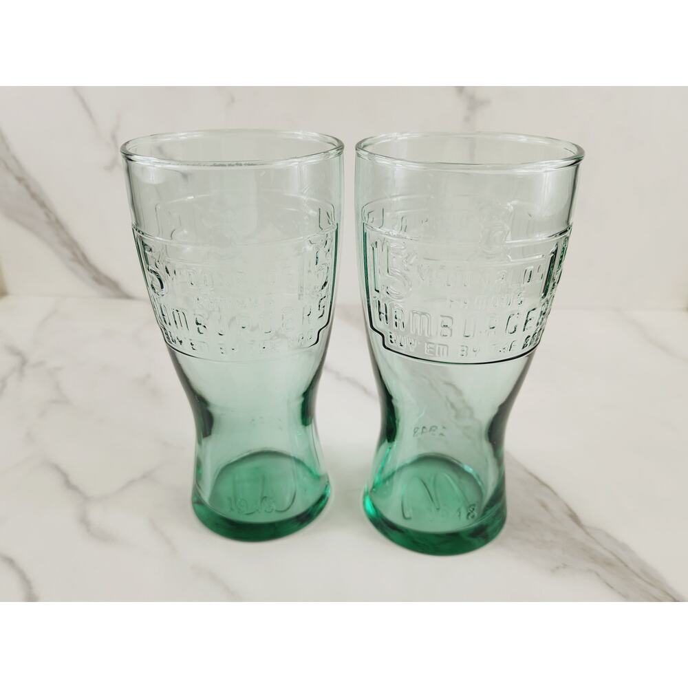 McDonald's Green Tall Glass 16oz Drinking Glasses 6 1/2" Retro 1948 Tumbler x2